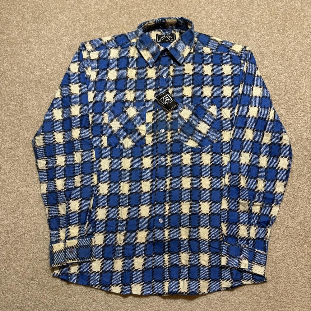 Vtg 70s Plaid Flannel Shirt NWT Mens Medium Blue Checker Button Rugged Wear RSVP